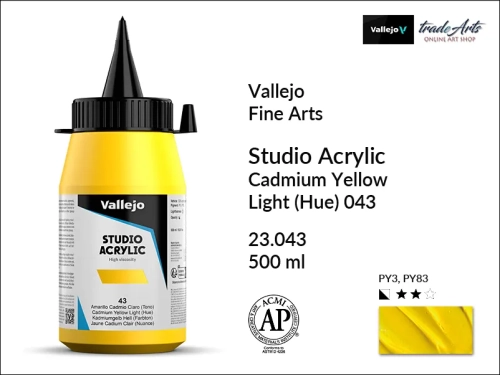 Acrylic Studio Vallejo farba akrylowa Cadmium Yellow Light 043  500 ml, farby akrylowe Vallejo Acrylic Studio, farby akrylowe Vallejo Acrylic Studio 500 ml, farba akrylowa Cadmium Yellow Light 043  500 ml, farby Vallejo, Acrylicos Vallejo,