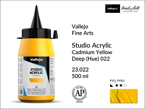 Acrylic Studio Vallejo farba akrylowa Cadmium Yellow Deep 022  500 ml, farby akrylowe Vallejo Acrylic Studio, farby akrylowe Vallejo Acrylic Studio 500 ml, farba akrylowa Cadmium Yellow Deep 022  500 ml, farby Vallejo, Acrylicos Vallejo,