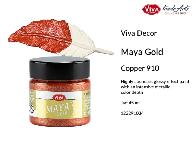 Viva Maya Gold Metallic Paint Copper 910, farba metaliczna Maya Gold Copper 910 Viva Decor, Viva Decor Maya Gold farba metaliczna Copper 910, farba metaliczna, zdobienie, pozłotnictwo, farba, Maya Gold, tradearts,