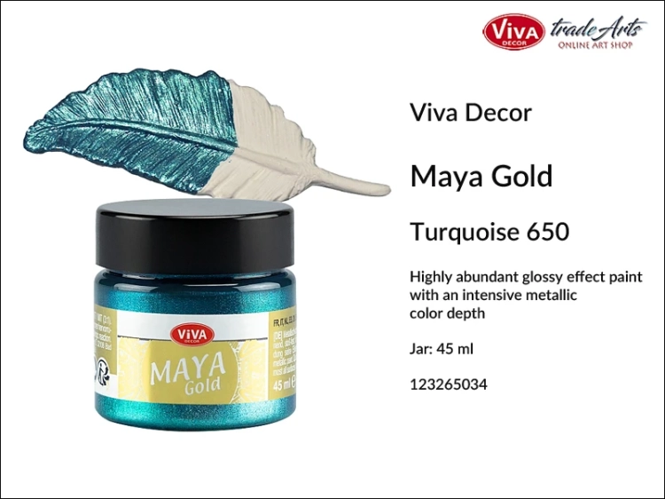 Viva Maya Gold Metallic Paint Turquoise 650, farba metaliczna Maya Gold Turquoise 650 Viva Decor, Viva Decor Maya Gold farba metaliczna Turquoise 650, farba metaliczna, zdobienie, pozłotnictwo, farba, Maya Gold, tradearts,