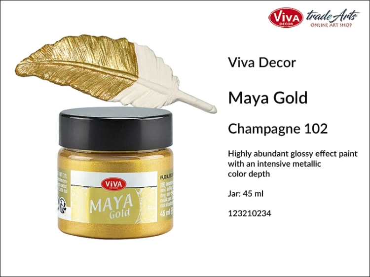 Viva Maya Gold Metallic Paint Champagne 102, farba metaliczna Maya Gold HChampagne 102 Viva Decor, Viva Decor Maya Gold farba metaliczna Champagne 102 farba metaliczna, zdobienie, pozłotnictwo, farba, Maya Gold, tradearts,