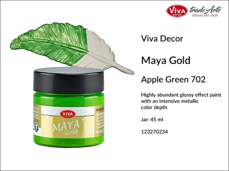Viva Maya Gold Metallic Paint Apple Green 702, farba metaliczna Maya Gold Apple Green 702 Viva Decor, Viva Decor Maya Gold farba metaliczna Apple Green 702 farba metaliczna, zdobienie, pozłotnictwo, farba, Maya Gold, tradearts,