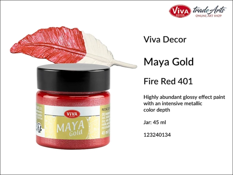 Viva Maya Gold Metallic Paint Fire Red 401, farba metaliczna Maya Gold Fire red 401 Viva Decor, Viva Decor Maya Gold farba metaliczna Fire Red 401, farba metaliczna, zdobienie, pozłotnictwo, farba, Maya Gold, tradearts,
