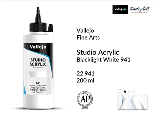 Acrylic Studio Vallejo farba Blacklight White 941, farba akrylowa Blacklight White UV Vallejo 200 ml, farby akrylowe fluo Blacklight White  941 Vallejo Acrylic Studio 200 ml, farba fluorescencyjna Blacklight White 941 Vallejo, farby UV Vallejo,