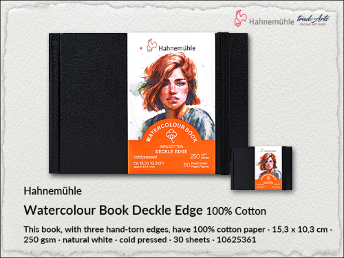 Hahnemühle Watercolour Book Deckle Edge Landscape 15,3x10,3  cm 30 ark., książka Watercolour Book Deckle Edge pejzaż 15,3x10,3 cm 30 ark. Hahnemühle, Hahnemühle Watercolour Book Deckle Edge 250 gsm pejzaż 30 ark., książka akwarelowa, akwarela,