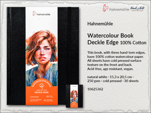 Hahnemühle Watercolour Book Deckle Edge Portrait 15,3x20,5 cm 30 ark., książka Watercolour Book Deckle Edge portret 15,3x20,5 cm 30 ark. Hahnemühle, Hahnemühle Watercolour Book Deckle Edge 250 gsm portret 30 ark., książka akwarelowa, akwarela,