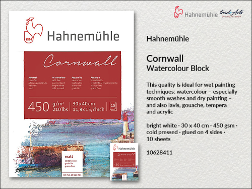 Hahnemühle Cornwall Watercolour Block 450 gsm 30 x 40 cm, blok akwarelowy 450 gsm CP 30 x 40 cm Cornwall Hahnemühle, Hahnemühle blok akwarelowy Cornwall 450 gsm CP 30 x 40 cm, Cornwall Hahnemühle Watercolour Block,  bloki, akwarela,
