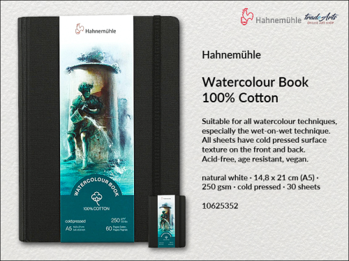 Hahnemühle Watercolour Book 100% Cotton 14,8 x 21 cm 30 ark., książka Watercolour Book 100% Cotton 14,8 x 21 cm 30 ark. Hahnemühle, Hahnemühle Watercolour Book 100% Cotton 250 gsm 14,8 x 21 cm 30 ark., książka akwarelowa, akwarela,