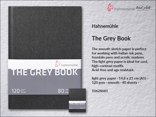 Hahnemühle Grey Sketch Book A5 120 gsm 40 ark., Grey Sketch Book A5 120 gsm 40 ark. jasnoszary Hahnemühle, Hahnemühle Grey Sketch Book 120 gsm A5 40 ark., markery, pióra,  szkicownik do markerów i piór Hahnemühle Grey Sketch Book  A5,