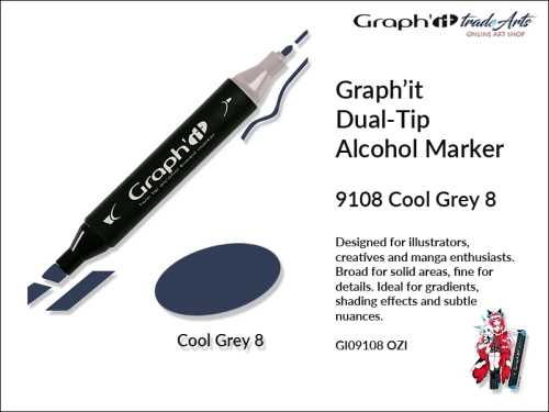 Graphit Alcohol Marker Dual-Tip Cool Grey 8 9108 marker alkoholowy dwustronny Graphit Cool Grey 8 9108,  Graphit Cool Grey 8 9108 marker alkoholowy dwustronny, markery alkoholowe, grafika, pisaki alkoholowe, Graphit markery,