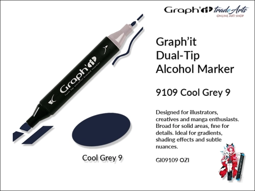 Graphit Alcohol Marker Dual-Tip Cool Grey 9 9109 marker alkoholowy dwustronny Graphit Cool Grey 9 9109,  Graphit Cool Grey 9 9109 marker alkoholowy dwustronny, markery alkoholowe, grafika, pisaki alkoholowe, Graphit markery,