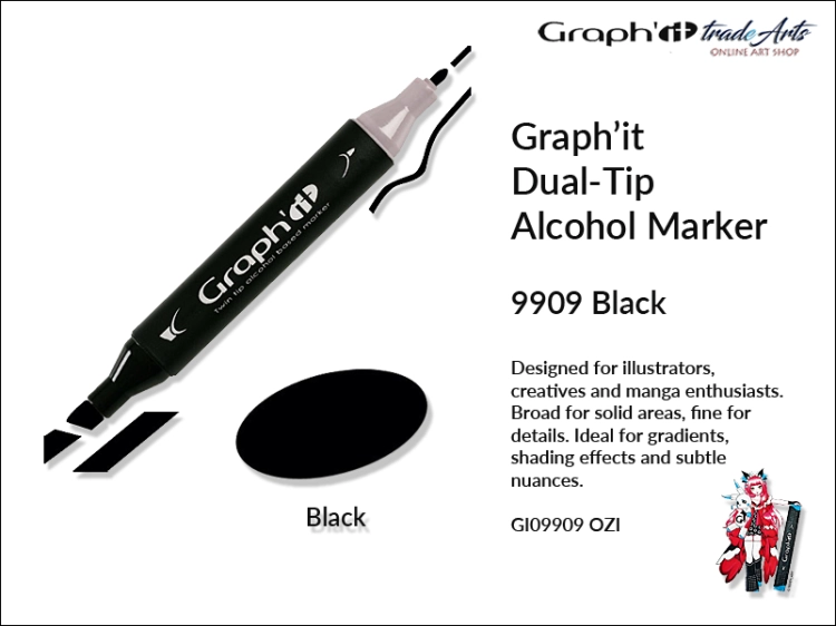 Graphit Alcohol Marker Dual-Tip Black 9909 marker alkoholowy dwustronny Graphit Black 9909,  Graphit Black 9909 marker alkoholowy dwustronny, markery alkoholowe, grafika, pisaki alkoholowe, Graphit markery,