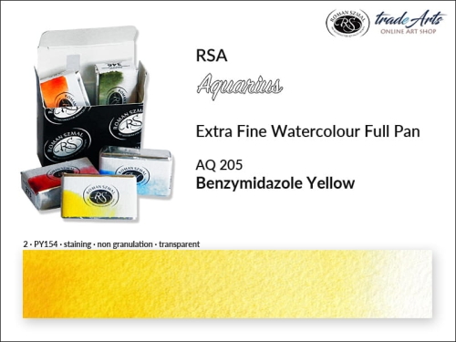 Aquarius Extra Fine Watercolour Full Pan, farba akwarelowa Aquarius Benzymidazole Yellow 205, kostka akwarelowa pełna Aquarius Benzymidazole Yellow 205,  akwarela Aquarius Aureolin Hue 305, akwarela pełna kostka Aquarius RSA, akwarele, kostki akwarelowe,