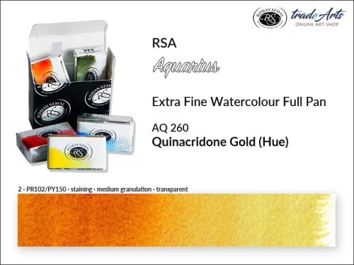 Farba akwarelowa Aquarius Quinacridone Gold (Hue) 260, kostka akwarelowa pełna Aquarius Quinacridone Gold (Hue) 260,  Aquarius Quinacridone Gold (Hue) 260 kostka akwarelowa pełna, farba akwarelowa pełna kostka Aquarius RSA, akwarele, kostki akwarelowe,
