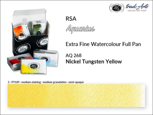 Farba akwarelowa Aquarius Nickel Tungsten Yellow 268, kostka full pan Aquarius Nickel Tungsten Yellow 268, Aquarius Nickel Tungsten Yellow 268 pełna kostka akwarelowa, farby akwarelowe, pełna kostka Aquarius RSA,