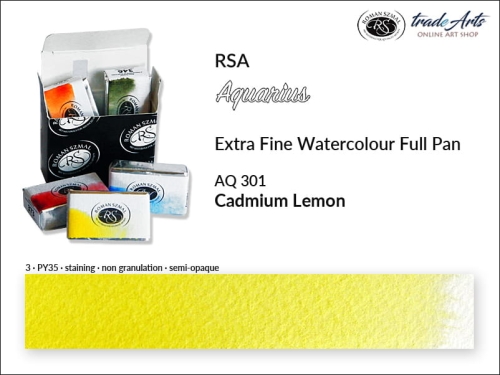 Aquarius Extra Fine Watercolour Full Pan, farba akwarelowa Aquarius Cadmium Lemon 301, kostka akwarelowa pełna Aquarius Cadmium Lemon 301,  akwarela Aquarius Cadmium Lemon 301, akwarela pełna kostka Aquarius RSA, akwarele, kostki akwarelowe,