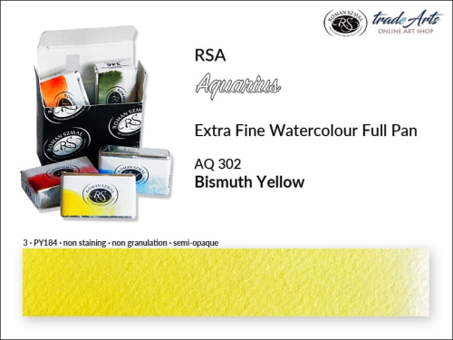 Aquarius Extra Fine Watercolour Full Pan, farba akwarelowa Aquarius Bismuth Yellow 302 kostka akwarelowa pełna Aquarius Bismuth Yellow 302,  akwarela Aquarius Bismuth Yellow 302, akwarela pełna kostka Aquarius RSA, akwarele, kostki akwarelowe,