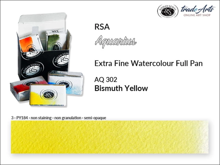 Aquarius Extra Fine Watercolour Full Pan, farba akwarelowa Aquarius Bismuth Yellow 302 kostka akwarelowa pełna Aquarius Bismuth Yellow 302,  akwarela Aquarius Bismuth Yellow 302, akwarela pełna kostka Aquarius RSA, akwarele, kostki akwarelowe,