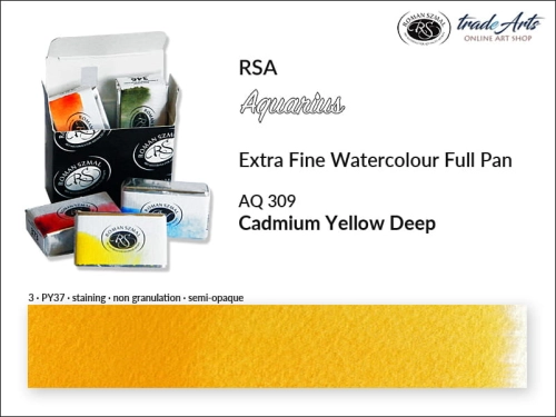 Farba akwarelowa Aquarius Cadmium Yellow Deep 309, kostka akwarelowa pełna Aquarius Cadmium Yellow Deep 309, Aquarius  Cadmium Yellow Deep 309 pełna kostka akwarelowa, farba akwarelowe pełna kostka Aquarius RSA, akwarele, kostki akwarelowe,