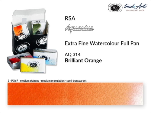 Aquarius Extra Fine Watercolour Full Pan, farba akwarelowa Aquarius Brilliant Orange 314, kostka akwarelowa pełna Aquarius Brilliant Orange 314,  akwarela Aquarius Brilliant Orange 314, akwarela pełna kostka Aquarius RSA, akwarele,