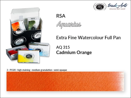 Aquarius Extra Fine Watercolour Full Pan, farba akwarelowa Aquarius Cadmium Orange 315, kostka akwarelowa pełna Aquarius Cadmium Orange 315,  akwarela Aquarius Cadmium Orange 315, akwarela pełna kostka Aquarius RSA, akwarele,