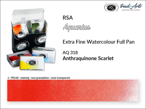 Aquarius Extra Fine Watercolour Full Pan, farba akwarelowa Aquarius Anthraquinone Scarlet 318, kostka akwarelowa pełna Aquarius Anthraquinone Scarlet 318,  akwarela Aquarius Aureolin Hue 305, akwarela pełna kostka Aquarius RSA,