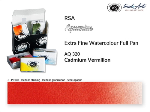 Aquarius Extra Fine Watercolour Full Pan, farba akwarelowa Aquarius Cadmium Vermilion 320, kostka akwarelowa pełna Aquarius Cadmium Vermilion 320,  akwarela Aquarius Cadmium Vermilion 320, akwarela pełna kostka Aquarius RSA, akwarele,