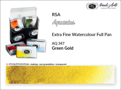 Aquarius Extra Fine Watercolour Full Pan, farba akwarelowa Aquarius Green Gold 347 kostka akwarelowa pełna Aquarius Green Gold 347,  akwarela Aquarius Green Gold 347, akwarela pełna kostka Aquarius RSA, akwarele, kostki akwarelowe,