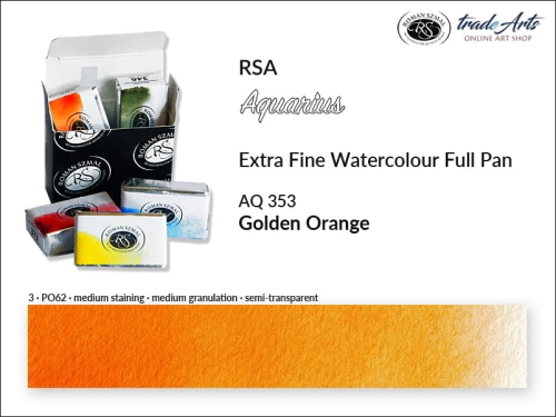 Aquarius Extra Fine Watercolour Full Pan, farba akwarelowa Aquarius Golden Orange 353, kostka akwarelowa pełna Aquarius Golden Orange 353, akwarela Aquarius Golden Orange 353, akwarela pełna kostka Aquarius RSA, akwarele,