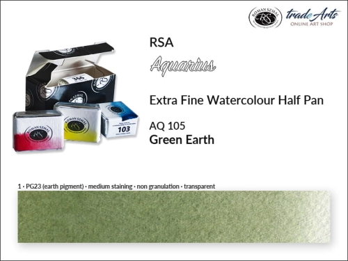 Farba akwarelowa Aquarius Half Pan Green Earth 105, półkostka akwarelowa Aquarius Green Earth 105, Aquarius Green Earth 105 półkostka akwarelowa, farba akwarelowe półkostka Aquarius RSA, akwarele, kostki akwarelowe,