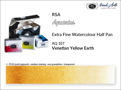 Farba akwarelowa Half Pan Aquarius Venetian Yellow Earth 107, półkostka akwarelowa Aquarius Venetian Yellow Earth 107,  Aquarius Venetian Yellow Earth 107 półkostka akwarelowa, farba akwarelowa półkostka Aquarius RSA, akwarele, kostki akwarelowe,