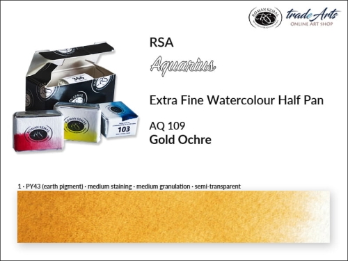 Farba akwarelowa Half Pan Aquarius Gold Ochre 109, półkostka akwarelowa Aquarius Gold Ochre 109,  Aquarius Gold Ochre 109 półkostka akwarelowa, farba akwarelowa półkostka Aquarius RSA, akwarele, kostki akwarelowe,