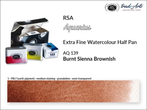 Farba akwarelowa Half Pan Aquarius Burnt Sienna Brownish 139, półkostka akwarelowa Aquarius Burnt Sienna Brownish 139,  Aquarius Burnt Sienna Brownish 139 półkostka akwarelowa, farba akwarelowa półkostka Aquarius RSA, akwarele, kostki akwarelowe,