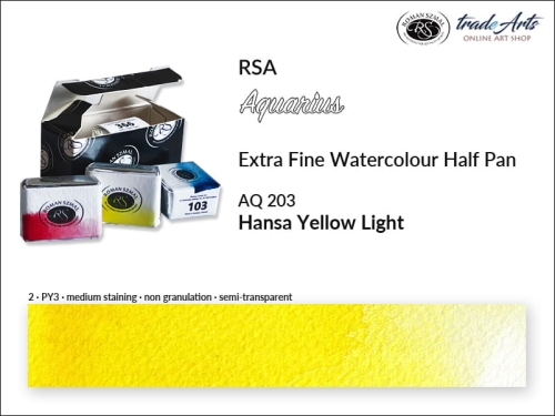 Farba akwarelowa Half Pan Aquarius Hansa Yellow Light 203, półkostka akwarelowa Aquarius Hansa Yellow Light 203, Aquarius Hansa Yellow Light 203 półkostka akwarelowa, farby akwarelowe półkostki Aquarius RSA, akwarele, kostki akwarelowe,
