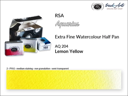 Farba akwarelowa Half Pan Aquarius Lemon Yellow 204, półkostka akwarelowa Aquarius Lemon Yellow 204, Aquarius Lemon Yellow 204 półkostka akwarelowa, farba akwarelowa półkostka Aquarius RSA, akwarele, kostki akwarelowe,