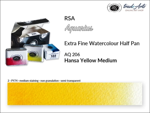 Farba akwarelowa Half Pan Aquarius Hansa Yellow Medium 206, półkostka akwarelowa pełna Aquarius Hansa Yellow Medium 206, Aquarius  Hansa Yellow Medium 206 półkostka akwarelowa, farba akwarelowa półkostka Aquarius RSA, akwarele, kostki akwarelowe,