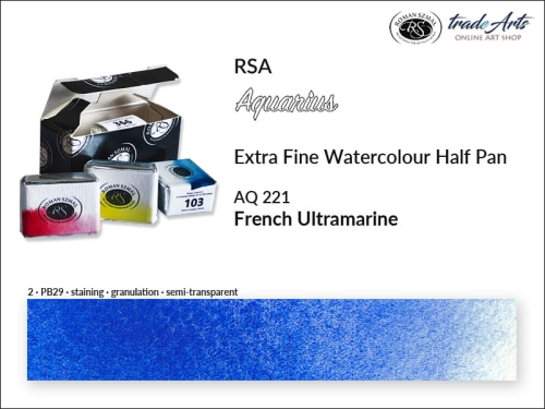 Farba akwarelowa Half Pan Aquarius French Ultramarine 221, półkostka akwarelowa Aquarius French Ultramarine 221, Aquarius  French Ultramarine 221 półkostka akwarelowa, farba akwarelowe półkostka Aquarius RSA, akwarele w kostkach,