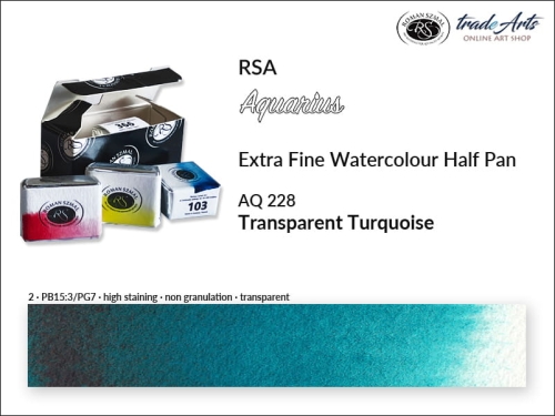 Farba akwarelowa Half Pan Aquarius Transparent Turquoise 228, półkostka akwarelowa Aquarius Transparent Turquoise 228,  Aquarius  Transparent Turquoise 228 półkostka akwarelowa, farba akwarelowa półkostka Aquarius RSA, akwarele, kostki akwarelowe,