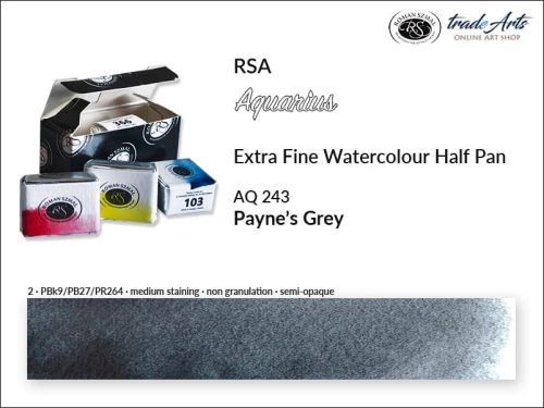 Farba akwarelowa Half Pan Aquarius Payne's Grey 243, półkostka akwarelowa Aquarius Payne's Grey 243,  Aquarius Payne's Grey 243 półkostka akwarelowa, farba akwarelowa półkostka Aquarius RSA, akwarele, kostki akwarelowe,