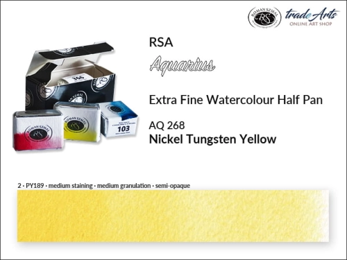 Farba akwarelowa Half Pan Aquarius Nickel Tungsten Yellow 268, półkostka akwarela Aquarius Nickel Tungsten Yellow 268, Aquarius Nickel Tungsten Yellow 268 półkostka akwarelowa, farby akwarelowe, półkostka Aquarius RSA,