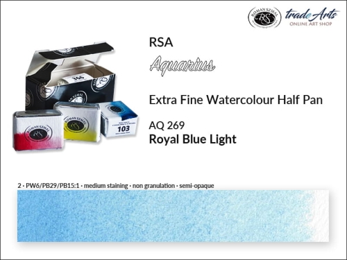 Farba akwarelowa Half Pan Aquarius Royal Blue Light 269, półkostka akwarela Aquarius Royal Blue Light 269, Aquarius Royal Blue Light 269 półkostka akwarelowa, farby akwarelowe,  półkostka Aquarius RSA,