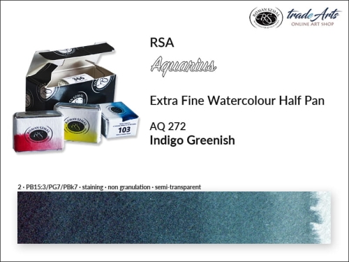Farba akwarelowa Half Pan Aquarius Indigo Greenish 272, półkostka akwarela Aquarius Indigo Greenish 272, Aquarius Indigo Greenish 272 półkostka akwarelowa, farby akwarelowe, półkostka Aquarius RSA,