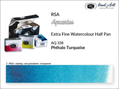 Farba akwarelowa Half Pan Aquarius Phthalo Turquoise 338, półkostka akwarelowa Aquarius Phthalo Turquoise 338,  Aquarius  Phthalo Turquoise 338 półkostka akwarelowa, farba akwarelowa półkostka Aquarius RSA, akwarele, kostki akwarelowe,