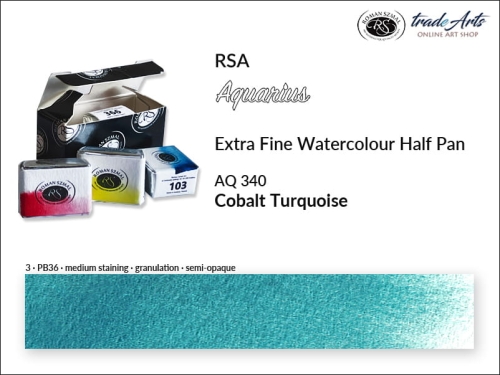 Farba akwarelowa Half Pan Aquarius Cobalt Turquoise 340, półkostka akwarelowa Aquarius Cobalt Turquoise 340,  Aquarius  Cobalt Turquoise 340 półkostka akwarelowa, farba akwarelowa półkostka Aquarius RSA, akwarele, kostki akwarelowe,