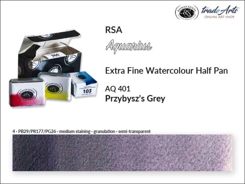 Farba akwarelowa Half Pan Aquarius Przybysz's Grey 401, półkostka akwarelowa Aquarius Przybysz's Grey 401,  Aquarius Przybysz's Grey 401 półkostka akwarelowa, farba akwarelowa półkostka Aquarius RSA, akwarele, kostki akwarelowe,