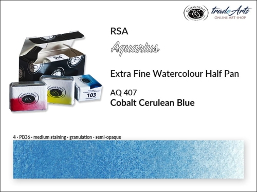 Farba akwarelowa Half Pan Aquarius Cobalt Cerulean Blue 407, półkostka akwarelowa Aquarius Cobalt Cerulean Blue 407,  Aquarius  Cobalt Cerulean Blue 407 półkostka akwarelowa, farba akwarelowa półkostka Aquarius RSA, akwarele, kostki akwarelowe,