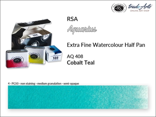 Farba akwarelowa Half Pan Aquarius Cobalt Teal 408, półkostka akwarelowa Aquarius Cobalt Teal 408,  Aquarius  Cobalt Teal 408 półkostka akwarelowa, farba akwarelowa półkostka Aquarius RSA, akwarele, kostki akwarelowe,