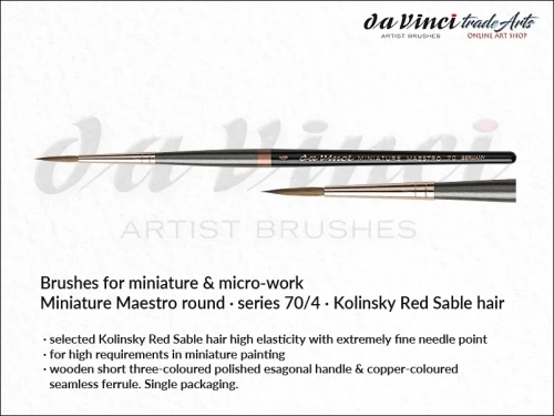 Da Vinci Miniature-Maestro Kolinsky Red Sable brushes 70/4, pędzle  okrągłe da Vinci Miniature-Maestro 70/4 Kolinsky Red Sable, pędzle Miniature-Maestro da Vinci seria 70 do detali, pędzle modelarskie Kolinsky Red Sable, pędzle do detali,