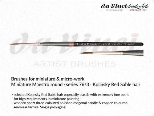 Da Vinci Miniature-Maestro Kolinsky Red Sable brushes 76/3, pędzle  okrągłe da Vinci Miniature-Maestro 76/3 Kolinsky Red Sable, pędzle Miniature-Maestro da Vinci seria 76 do detali, pędzle modelarskie Kolinsky Red Sable, pędzle do detali,