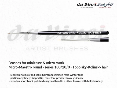 Da Vinci Micro-Maestro Kolinsky Red Sable brushes 100/20/0, pędzle  okrągłe da Vinci Micro-Maestro 100/20/0 Kolinsky Red Sable, pędzle Micro-Maestro da Vinci seria 100 do detali, pędzle modelarskie Kolinsky Red Sable, pędzle do miniatur,